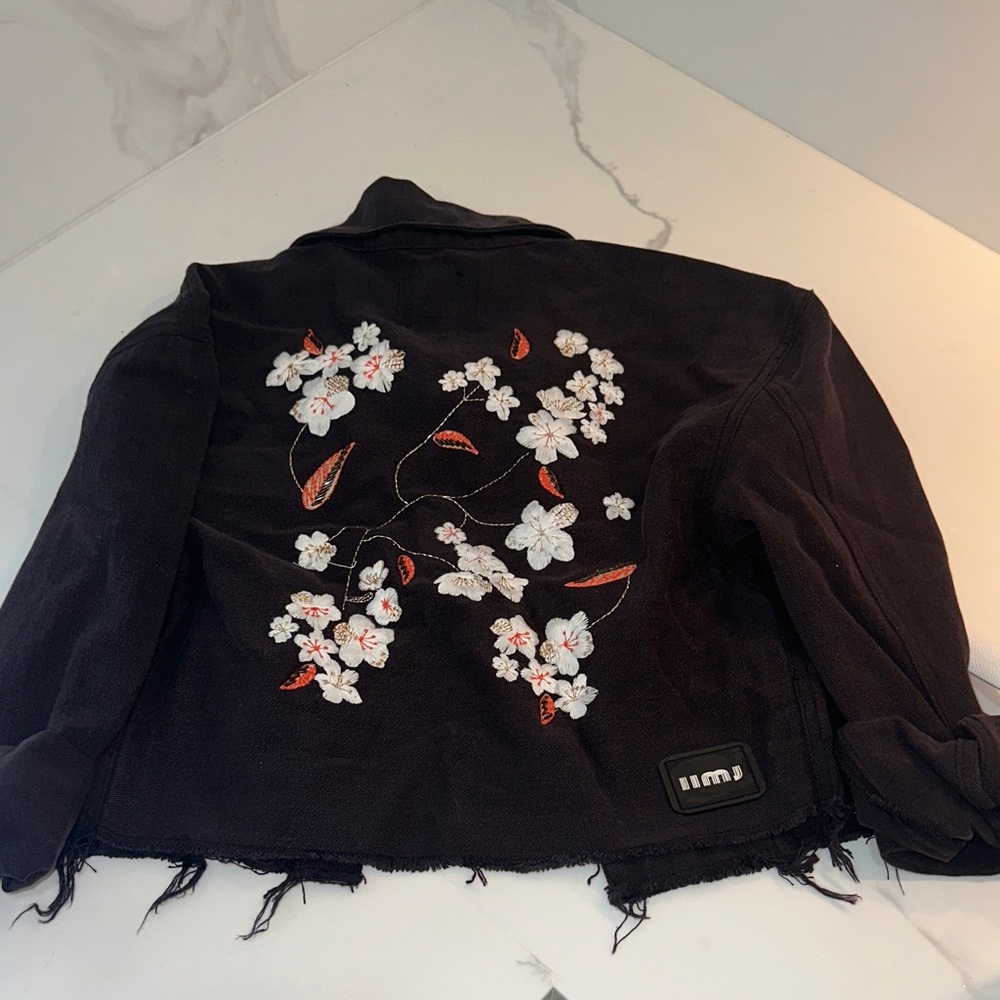 Kids Black Floral Embroidered Jean Jacket